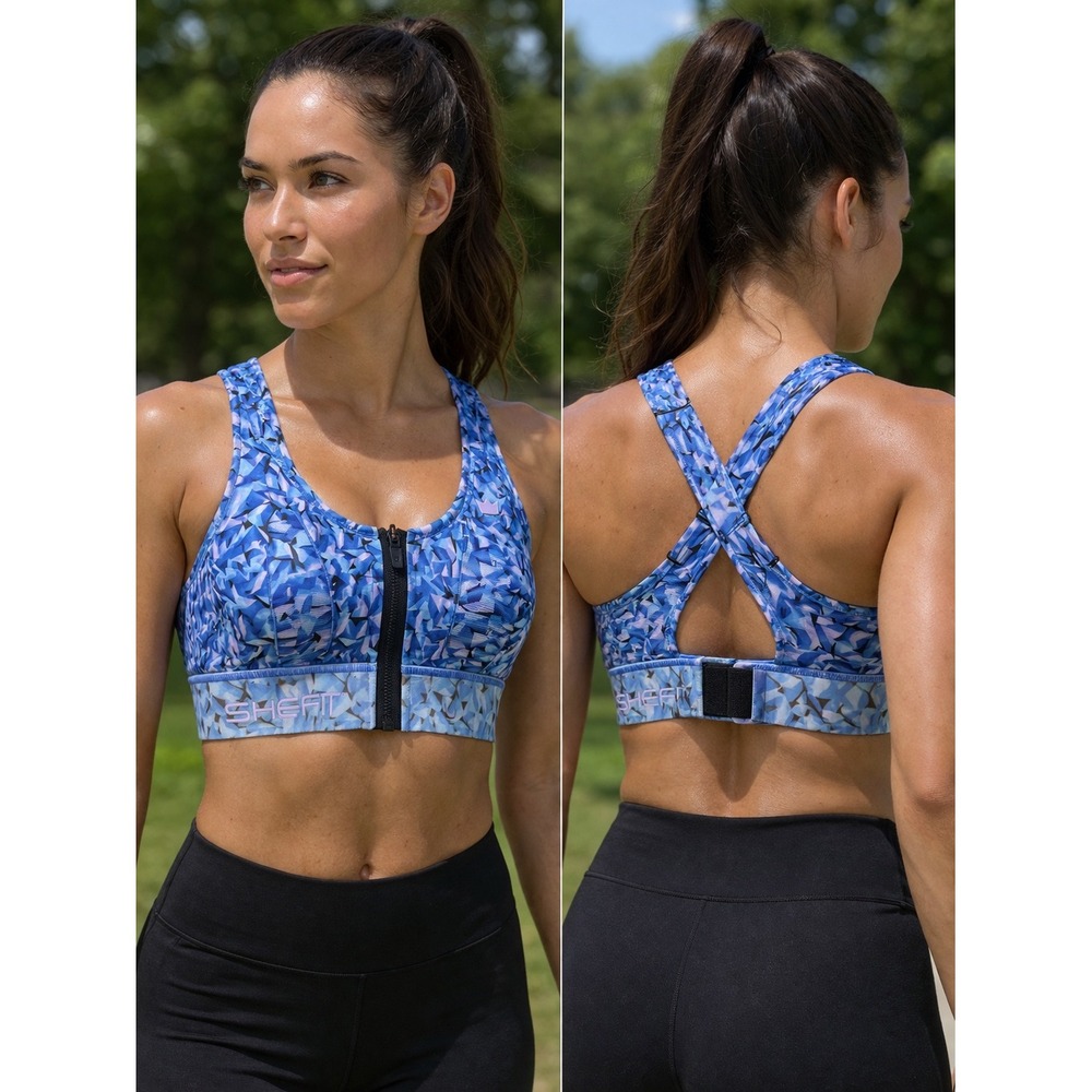 Shefit Ultimate Sports Bra Blue Geometric Prism Print High Impact Front Zip S